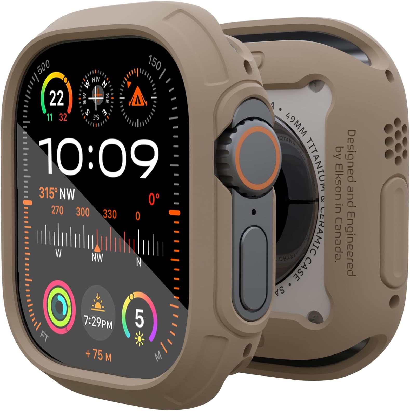 elkson Made for Apple Watch Ultra 3/2/1 Bumper Case 49mm Screen Protector Tempered Glass, Quattro Max Series Rugged for iWatch, Military Grade Durable Protective Cover, Flexible Shock Proof, Tan