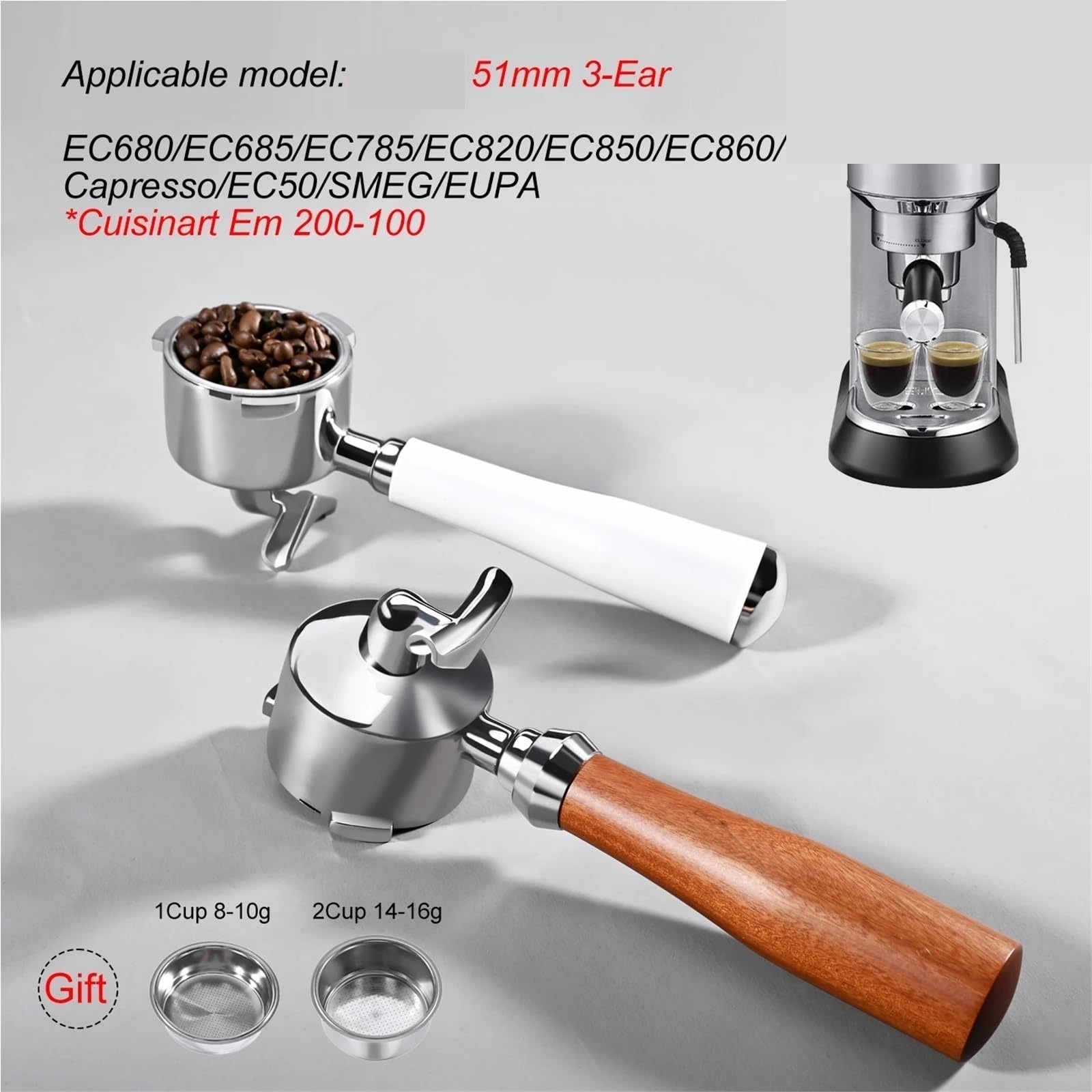 51 Mm Doppelauslauf-Kaffee-Siebträger, Kompatibel For Delonghi, 51 Mm, 3 Ohren, EC850, EC685, 1 2 Tassen, Ersatzfilterkorb, Espressomaschinen-Werkzeug(Style-4 1set)