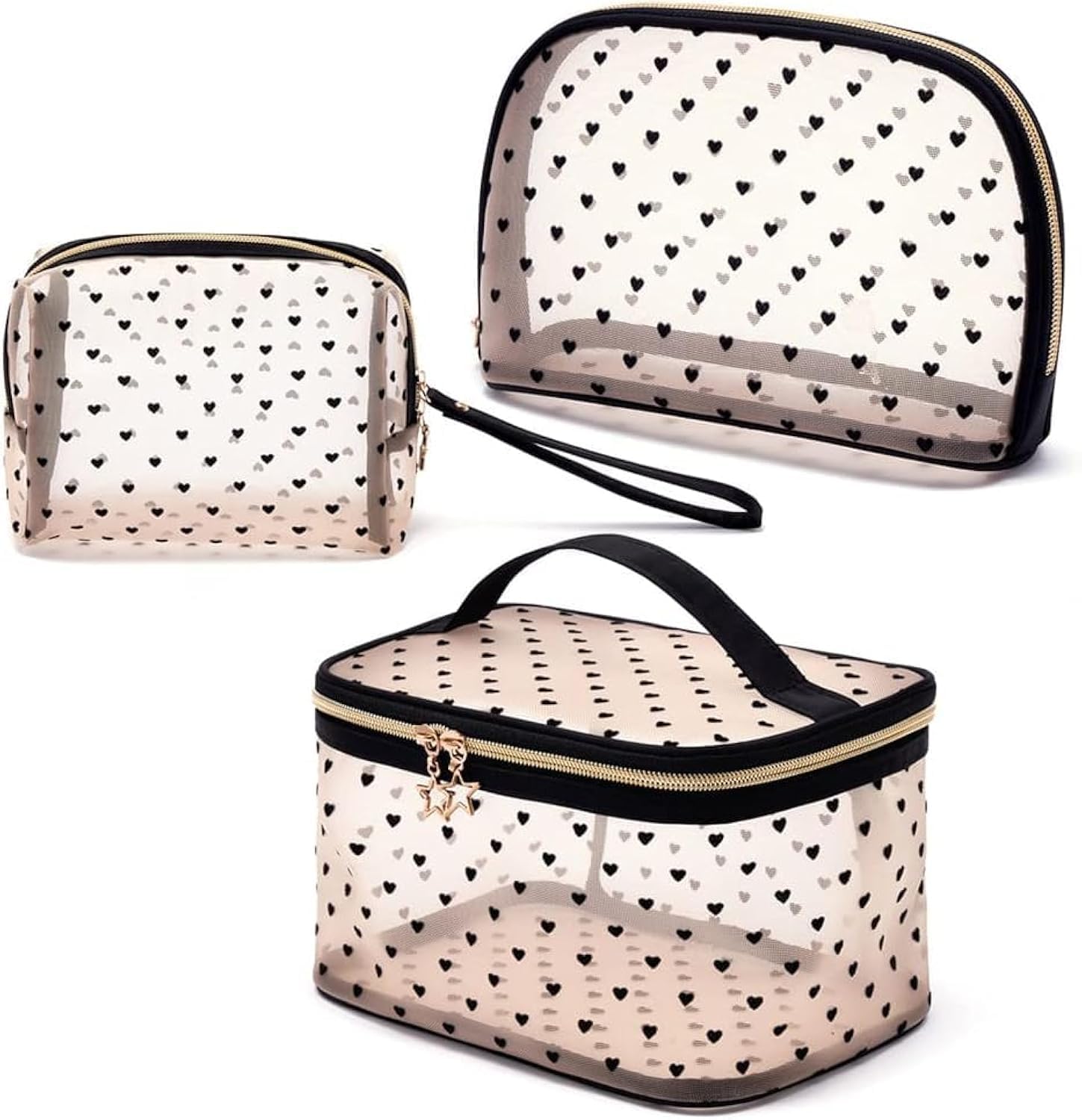3 Pieces Set Mesh Makeup Bag Transparent Cosmetic Bag Small Makeup Bags Organizer for Women and Girls with Flocked Heart Portable Toiletry Bag High Capacity Set Travel Pouch Bags