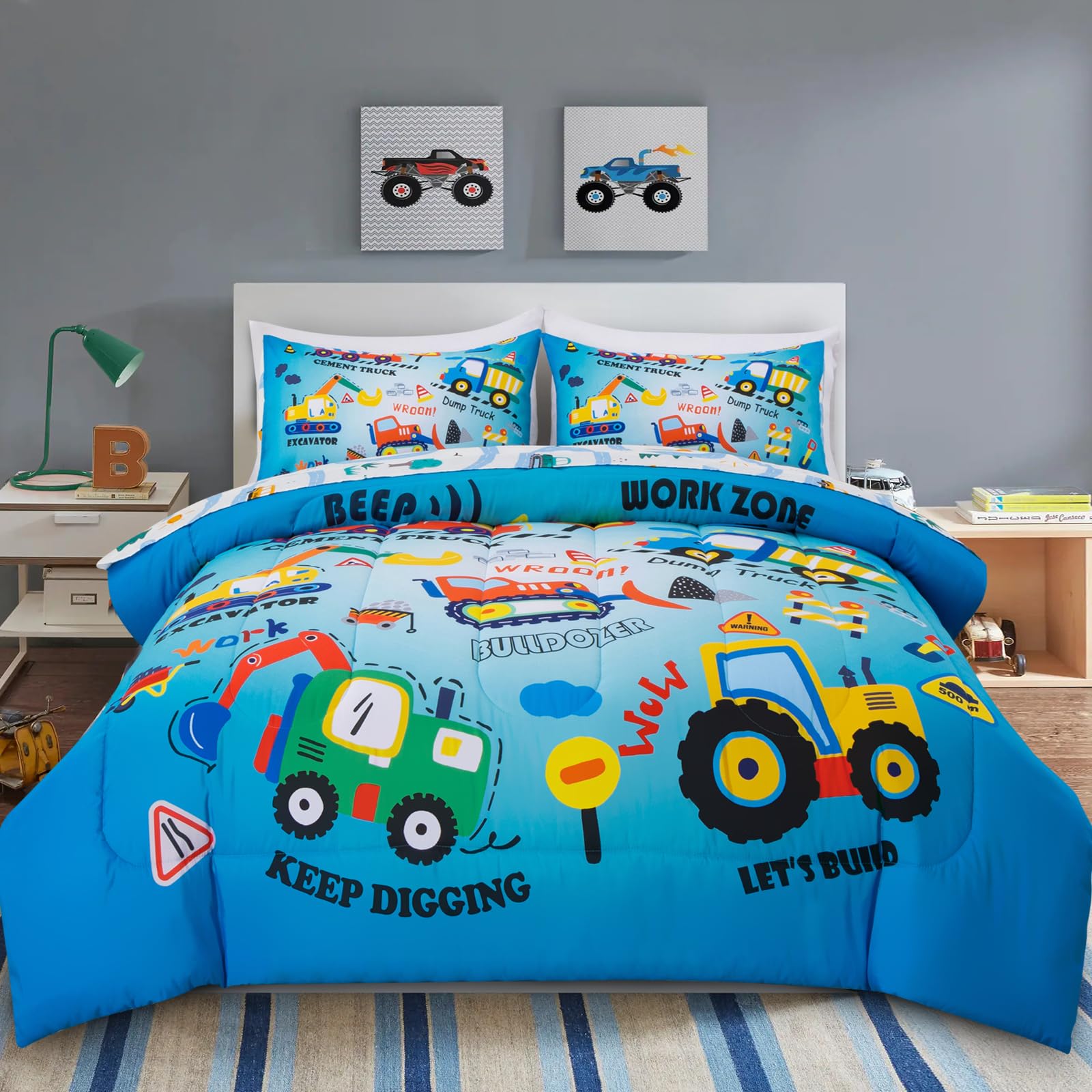A Nice Night Construction Excavator Cars Twin Bedding Set for Boys - 5 Piece Bed Sets with Sheets, All Season Polyester Fi...