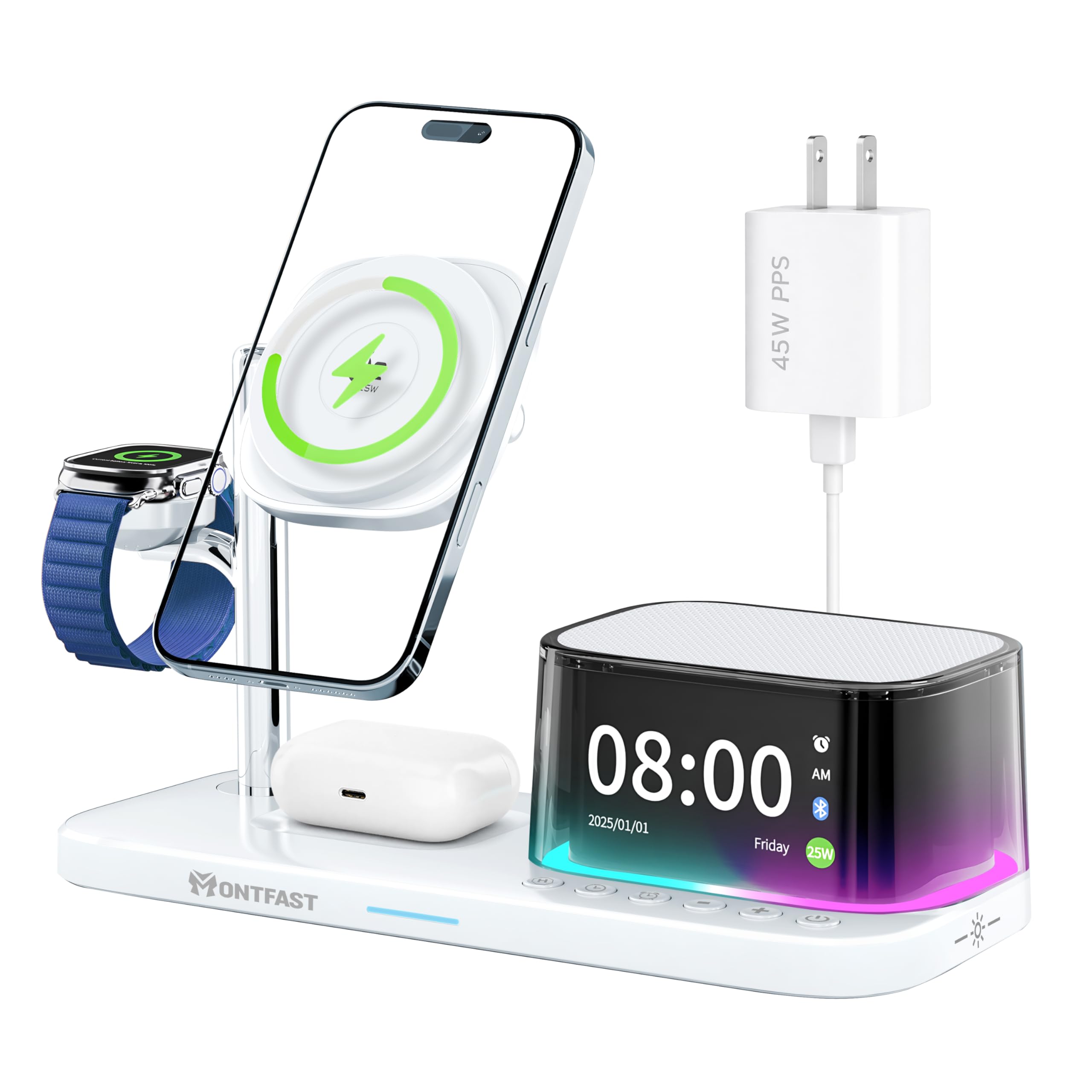 Photo 1 of Qi2.2 25W Magnetic Wireless Charging Station, 5-in-1 Charger Stand with Bluetooth Speaker, Alarm Clock & Night Light for iPhone 12–17, Apple Watch, AirPods, Galaxy & Pixel (Qi)
