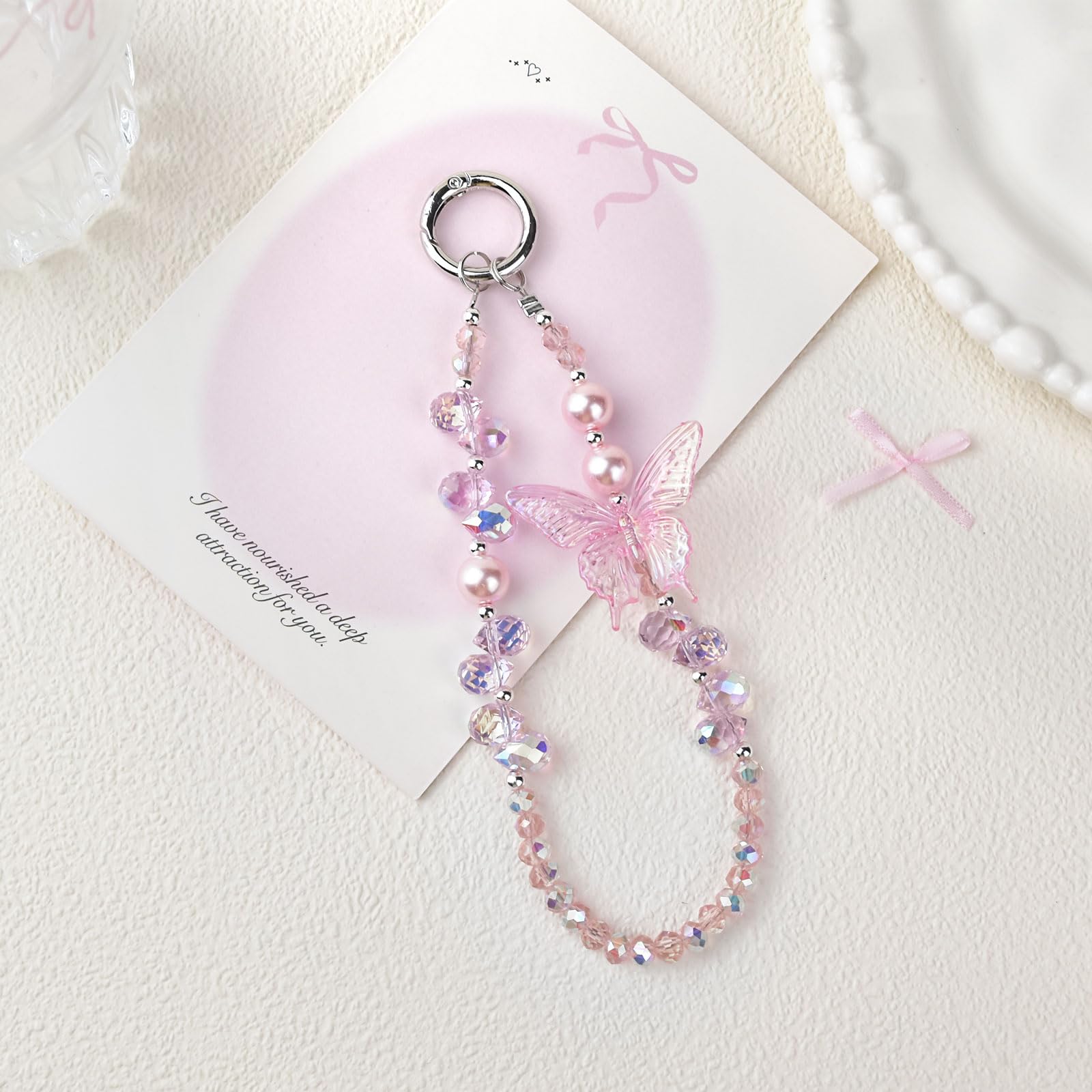 Fycyko Beaded Phone Wrist Strap,Crystal Glitter Cute Butterfly Keychain Wristlet,Phone Chain Wristlet Purse Bag Charms — view 4
