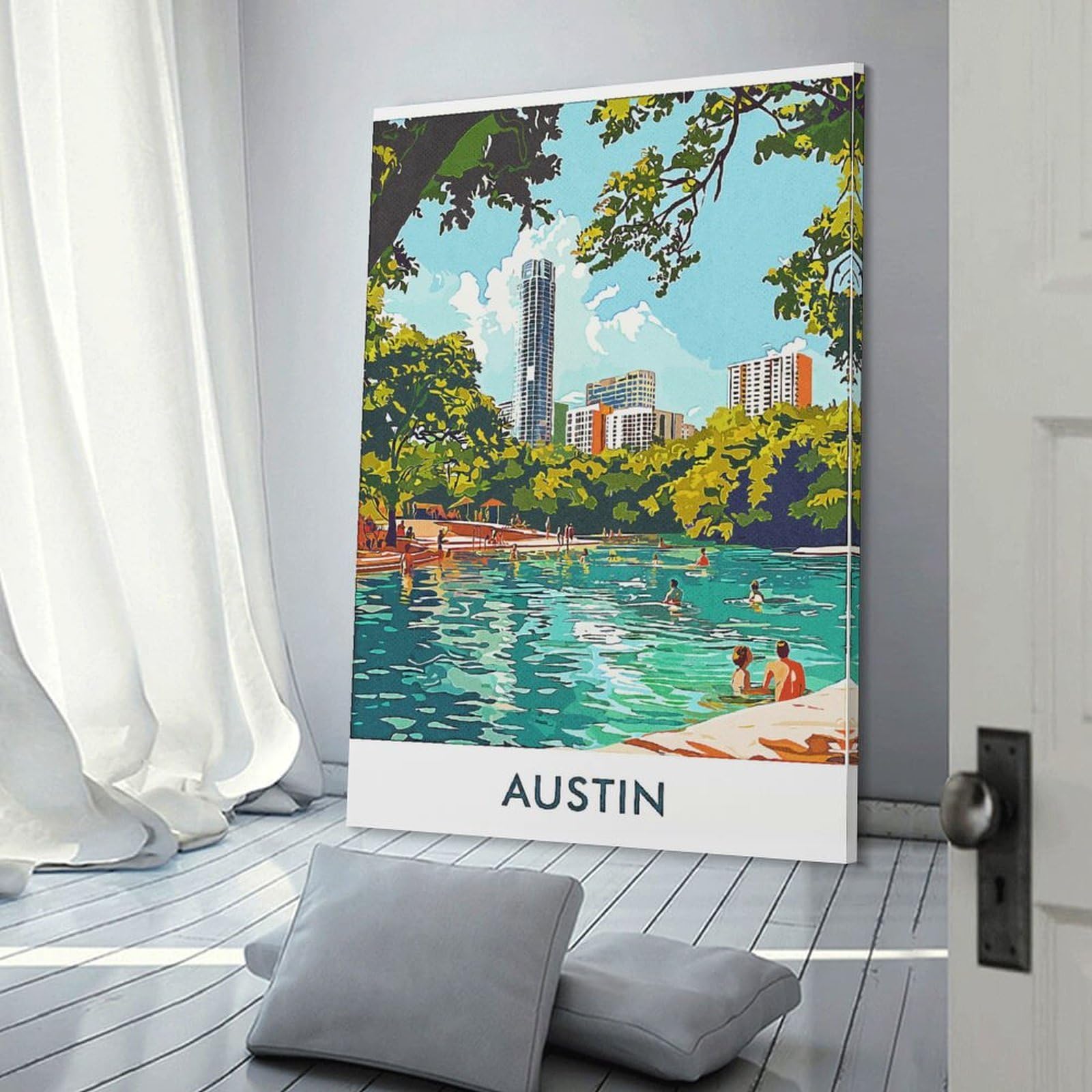 Junmoney Decorative Wall Artwork Austin Cityscape with Pool, 24x36inch(60x90cm), for Living Room, Bedroom Or Apartment Walls, Decorative Artwork for Empty Walls