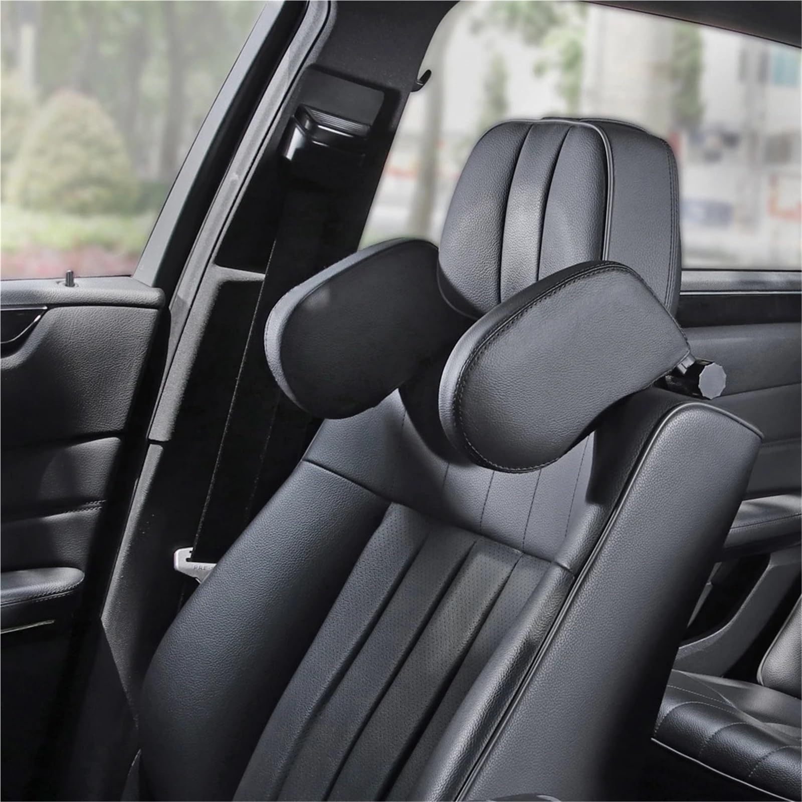 Car Pillow Cojín espuma viscoelástica para asiento coche, soporte telescópico para la cabeza para dormir lado en la columna cervical. Lumbar Supports Cushion(Black Leather)