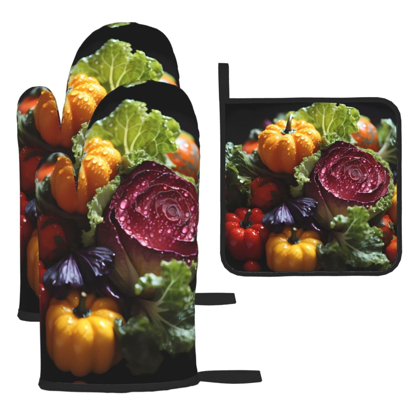 Fresh Cabbage Oven mittens and oven mitts three-piece set suitable for oven, grilling, baking, microwave and home cooking.