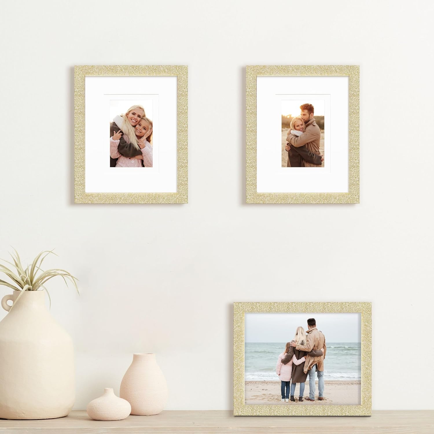 Factory package 8x10 Glitter Picture Frame Set of 3, Stylish Sparkling Photo Frames with 5x7/4x6 Mat, Solid Wood and Real Glass for Tabletop or Wall Mount, Cute Home Office Decor, Gold Gold 8x10