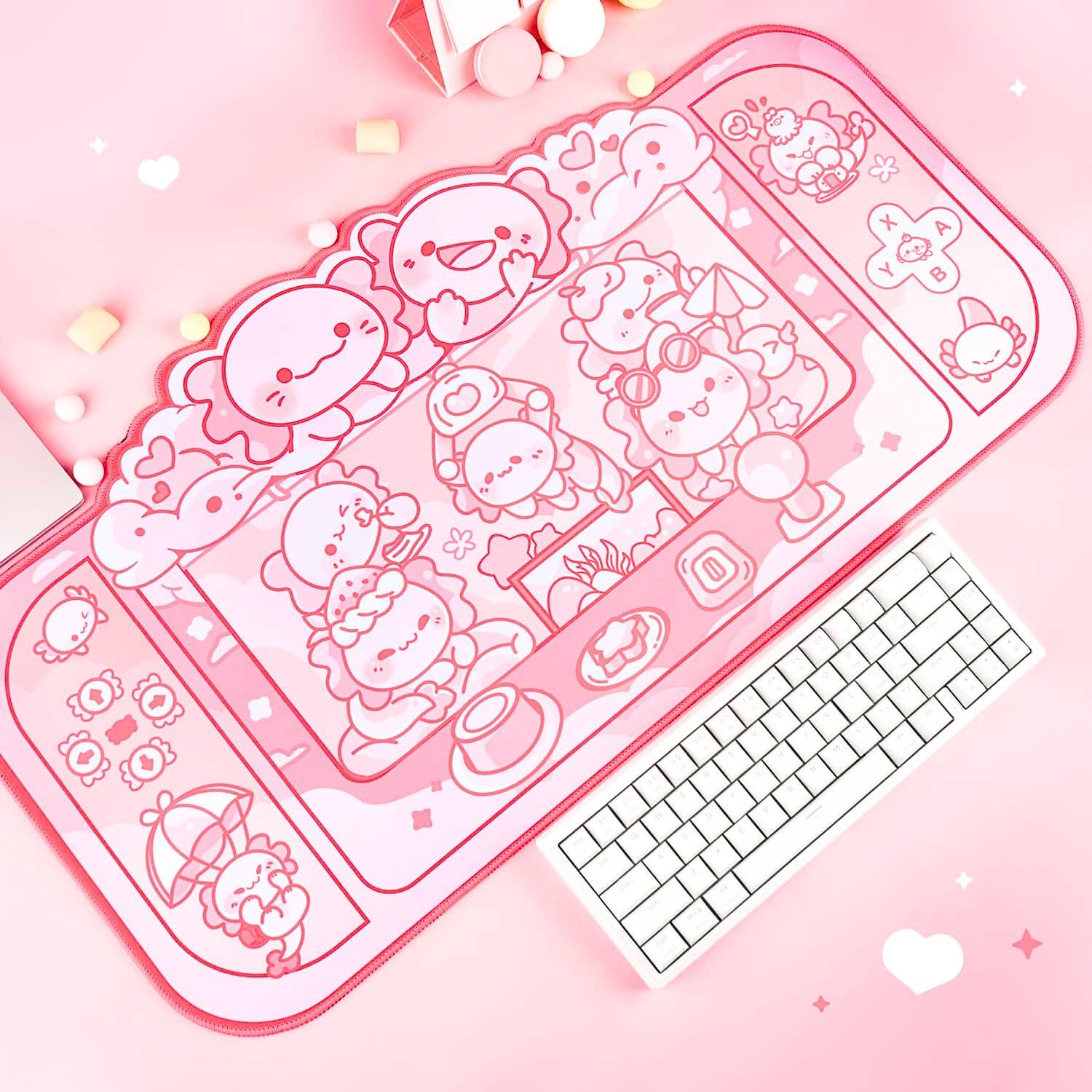 BelugaDesign Axolotl - Tappetino da scrivania kawaii, con base antiscivolo, lavabile in lavatrice, per tastiera, PC e laptop, colori pastello (rosa bianco)