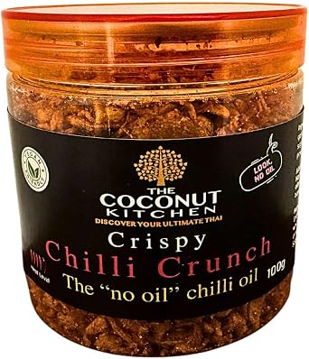 Crispy Chilli Crunch,100g. Crispy chilli oil without the oil. Made with garlic, onion, chilis. For ramen toppings, pizza, salads, sushi extra umami. Secret crunchy condiment