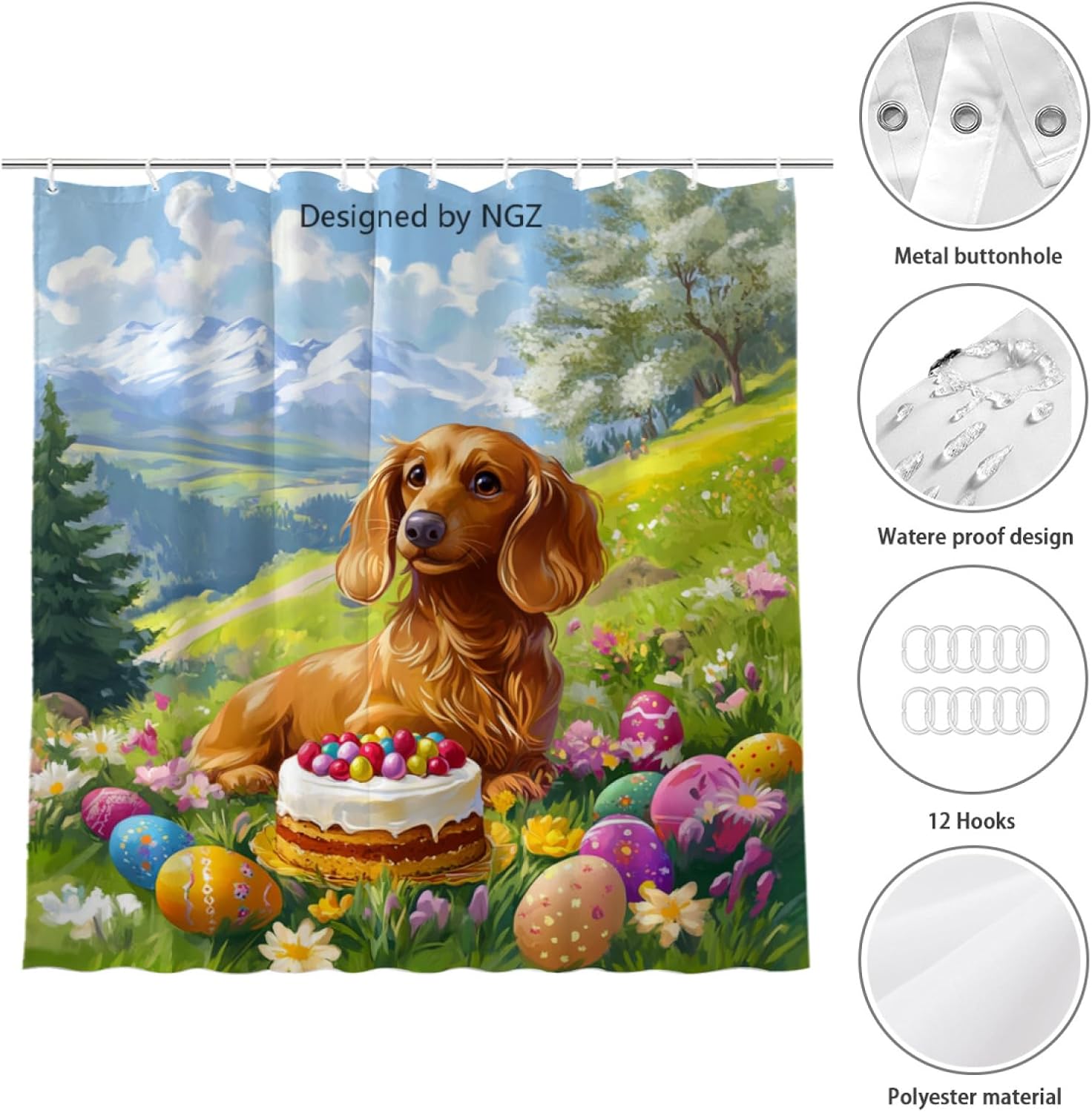 NGZ Easter Dachshund Shower Curtain 72 x 72 Inches, Easter Happiness Dachshund in Garden Scene with Cake, Spring Floral Shower Curtain Set with 12 Hooks for Bathroom Decor
