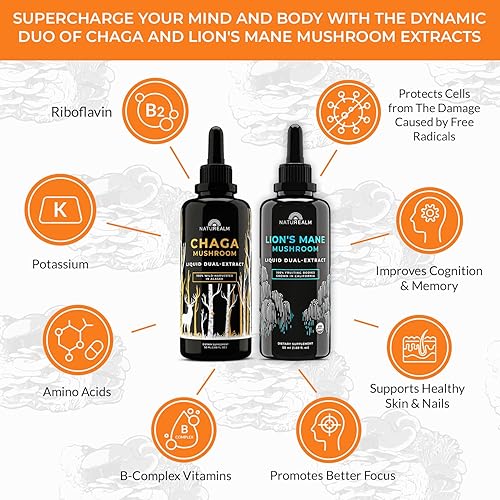 Miniatura 3 de Naturealm Lion's Mane & Chaga - Extracto de hongo Chaga – Pila de adaptógeno para concentración, inmunidad, longevidad, alivio del estrés, salud
