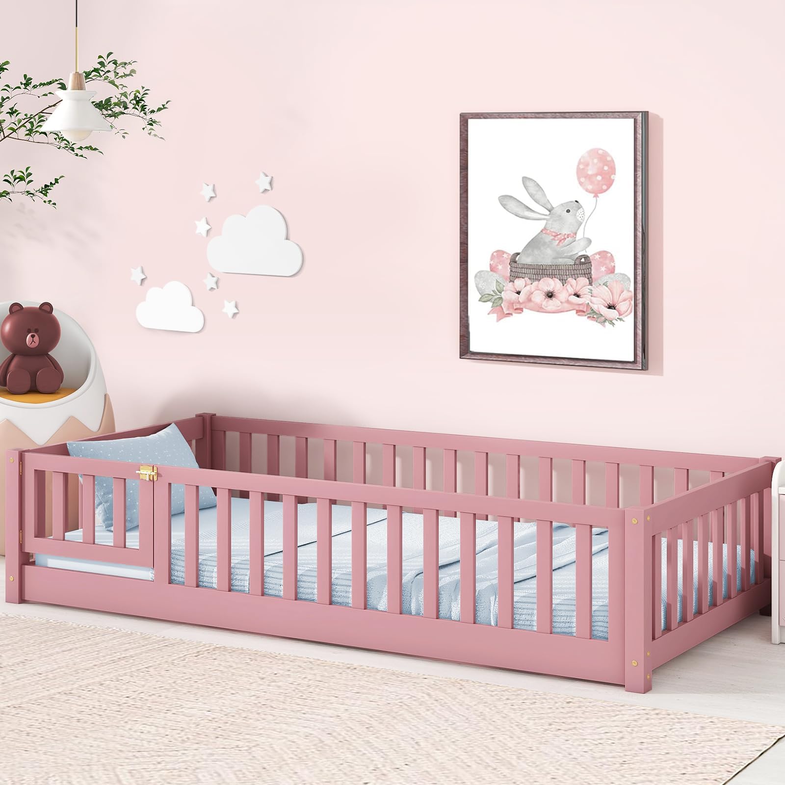 Tatub Twin Floor Bed with Rails and Door and Slats, Wood Kids Montessori Floor Bed Frame for Girls and Boys, Pink