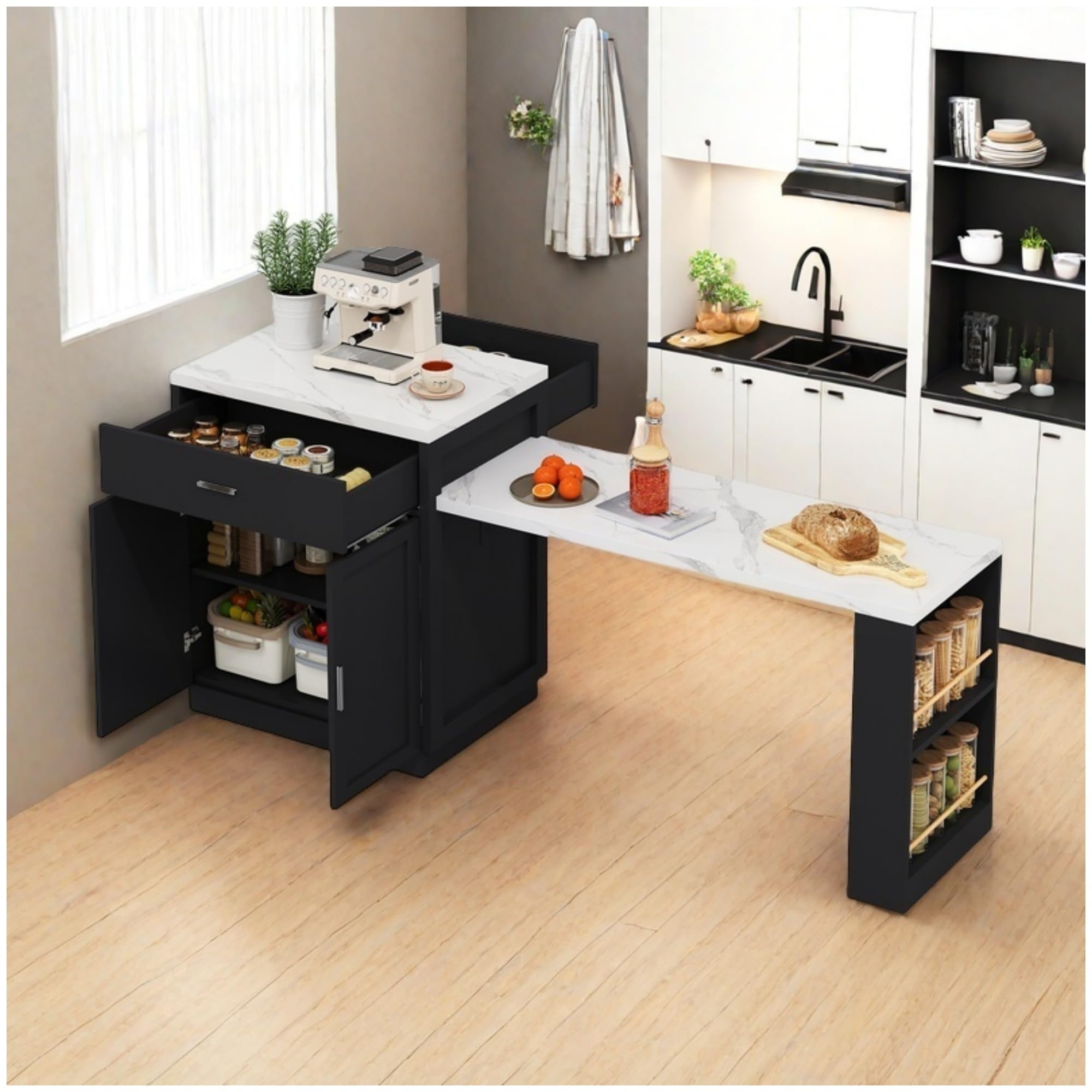 Isola da cucina con tavolo da pranzo allungabile per 4-6 persone,prese elettriche,armadietti,2 cassetti e 2 ripiani aperti sui lati,tavolo con piano d'appoggio bianco,armadietti neri