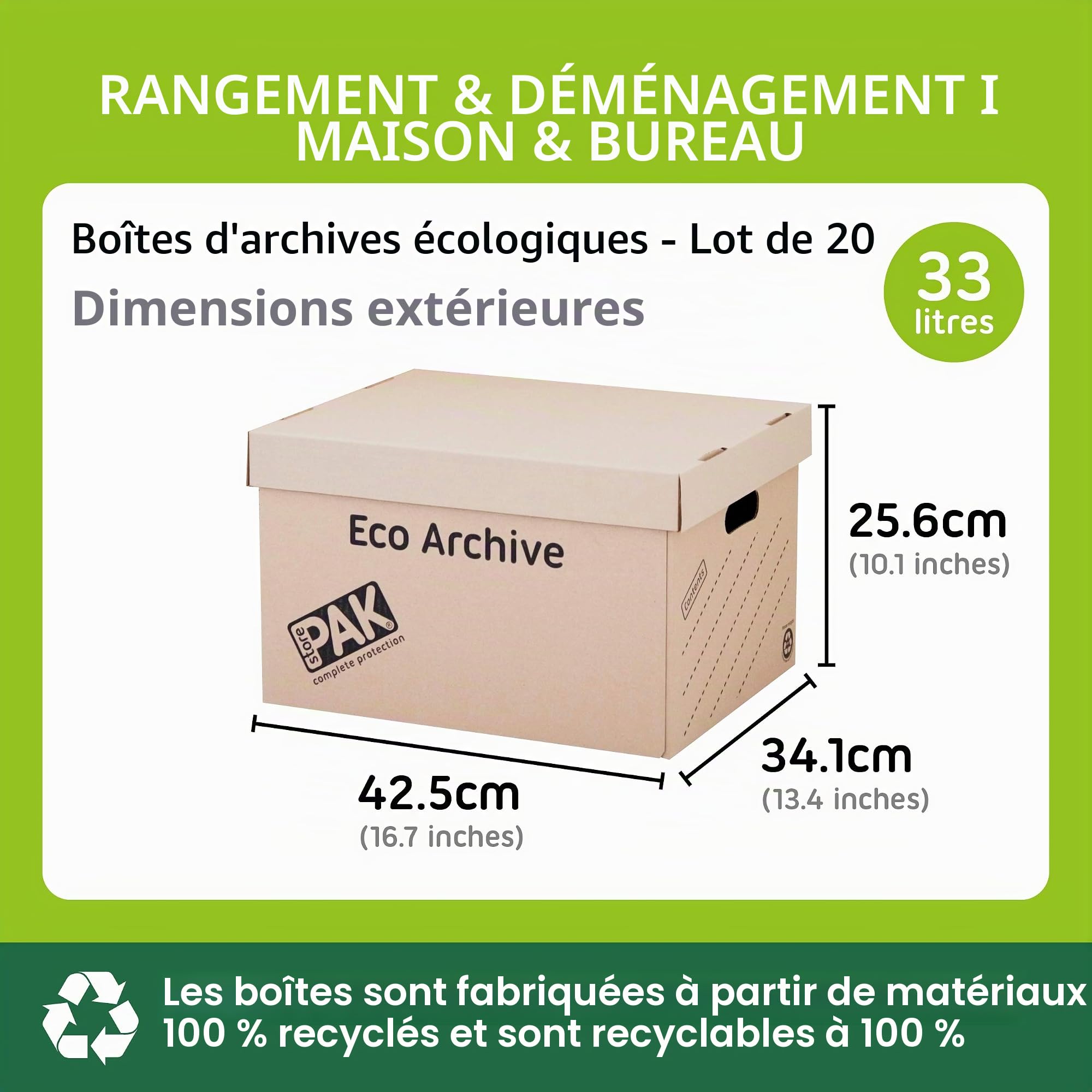 StorePAK Eco Archive Lot de 20 boîtes de rangement en carton avec couvercles – Facile à assembler, rangement à la maison, au bureau et à la maison de déménagement, 33 litres – H 26 x l 34 x P 43 cm,