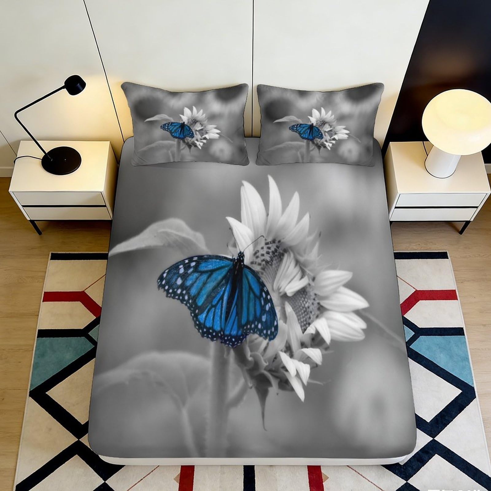 Pnayamiorkfel Style-10 3D Printed Blue Butterfly Sunflower Fitted Sheet Microfiber Anti-Slip Bed Cover For Bedroom Guest Room Decor 90X200x25cm