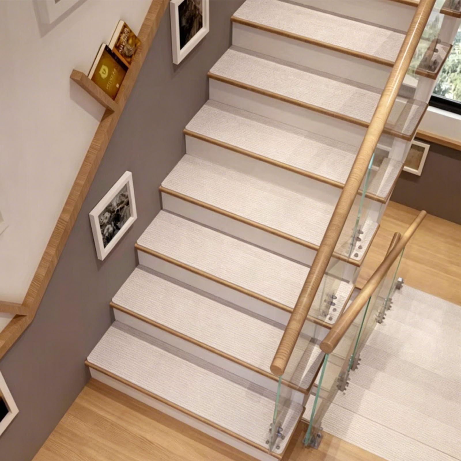 Tapis D'Escalier, 5 Pièces 40 x 155 cm Auto-Adhésif Antidérapant Tapis de Porte Lavable en Machine, avec Dos en TPE pour Enfants, Personnes Âgées et Animaux, Brun Beige