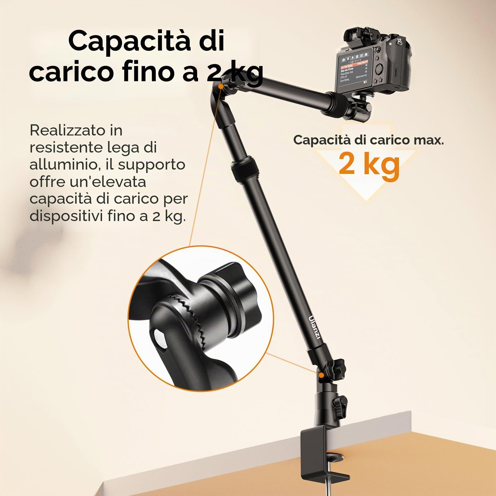 ULANZI ZJ02 Supporto da tavolo per fotocamera da 98 cm, Braccio articolato, Supporto da scrivania per illuminazione per streaming e videogiochi, testa a sfera a 360° per luce ad anello e poriettore