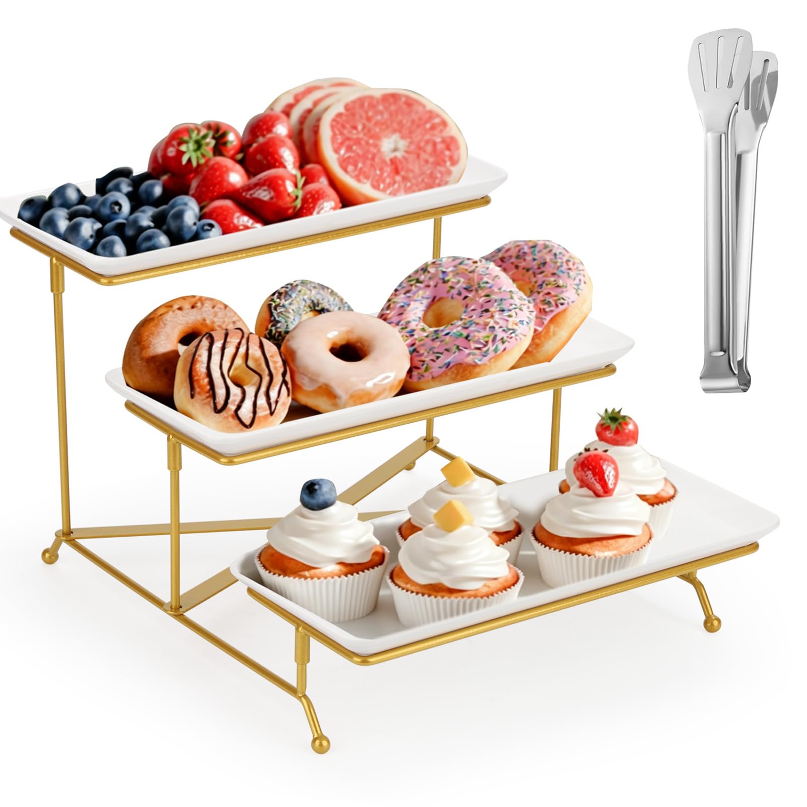 Etagere 3 Etagen, 33x15.6cm Lebensmittelständer mit Weißen Servierplatten mit Zusammenklappbaren Sturdier Stand Buffet Party Zubehör für Party Obst Kekse Torte(Weißgold)