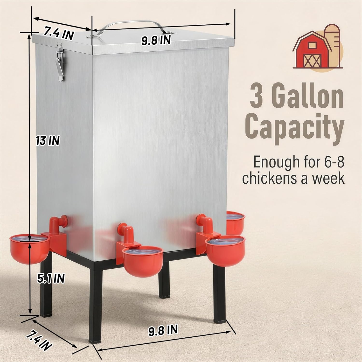 3 Gallon Chicken Waterer with Cups & Nipples, Stainless Steel Poultry Waterer for Backyard Coop, No-Spill, Easy to Clean, Ideal for Chickens, Ducks & Small Farms