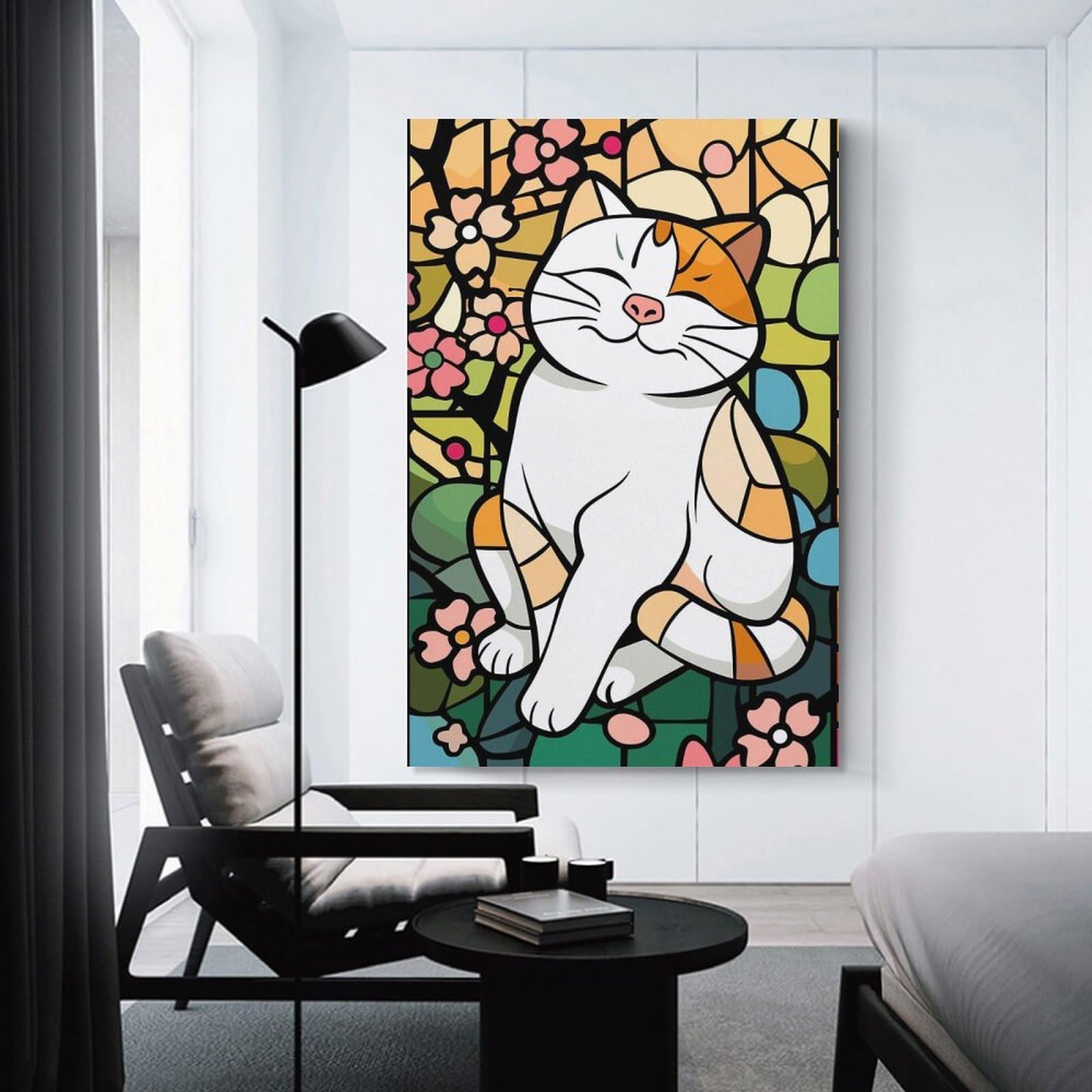 Junmoney Stained Glass Cat with Flowers Decorative Canvas Print, 20x30inch(50x75cm), for Hallway, Bedroom Or Modern Interiors, Gift Idea for Housewarming And Birthdays