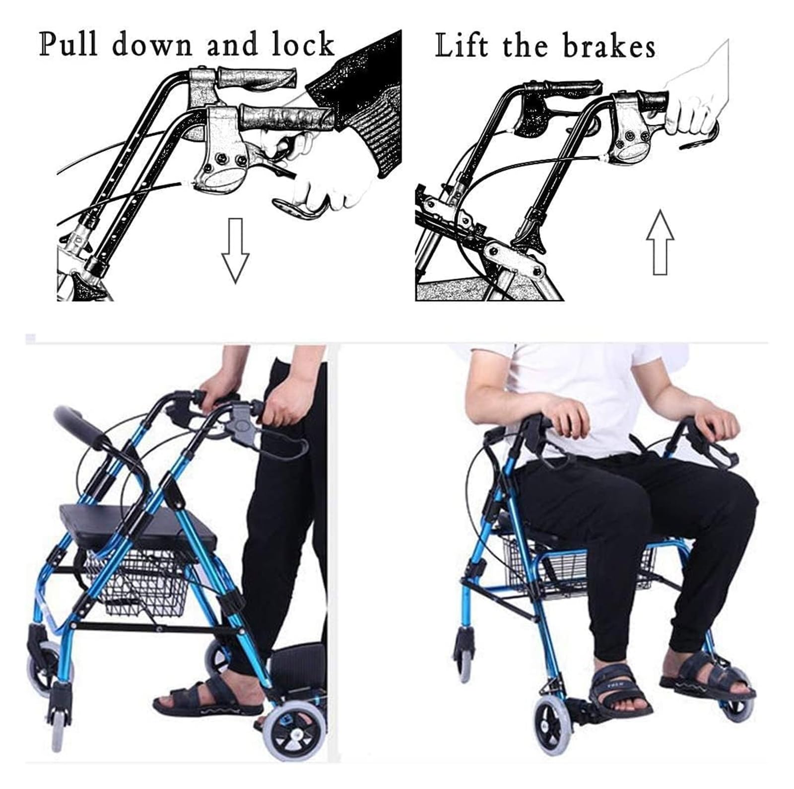 Andador vertical, Andador Rollator, Andador ligero, plegable, ajustable en altura, con asiento y freno, cesta, 4 ruedas, asiento y reposabrazos fáciles de ajustar