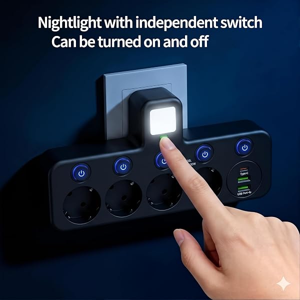 Regleta de Enchufe de Pared con 4 Tomas Europeas, Adaptador con USB C y 2 USB A, Ladrón de Enchufe con Interruptores Independientes para Hogar y Oficina (Negro) (Negro) - 3