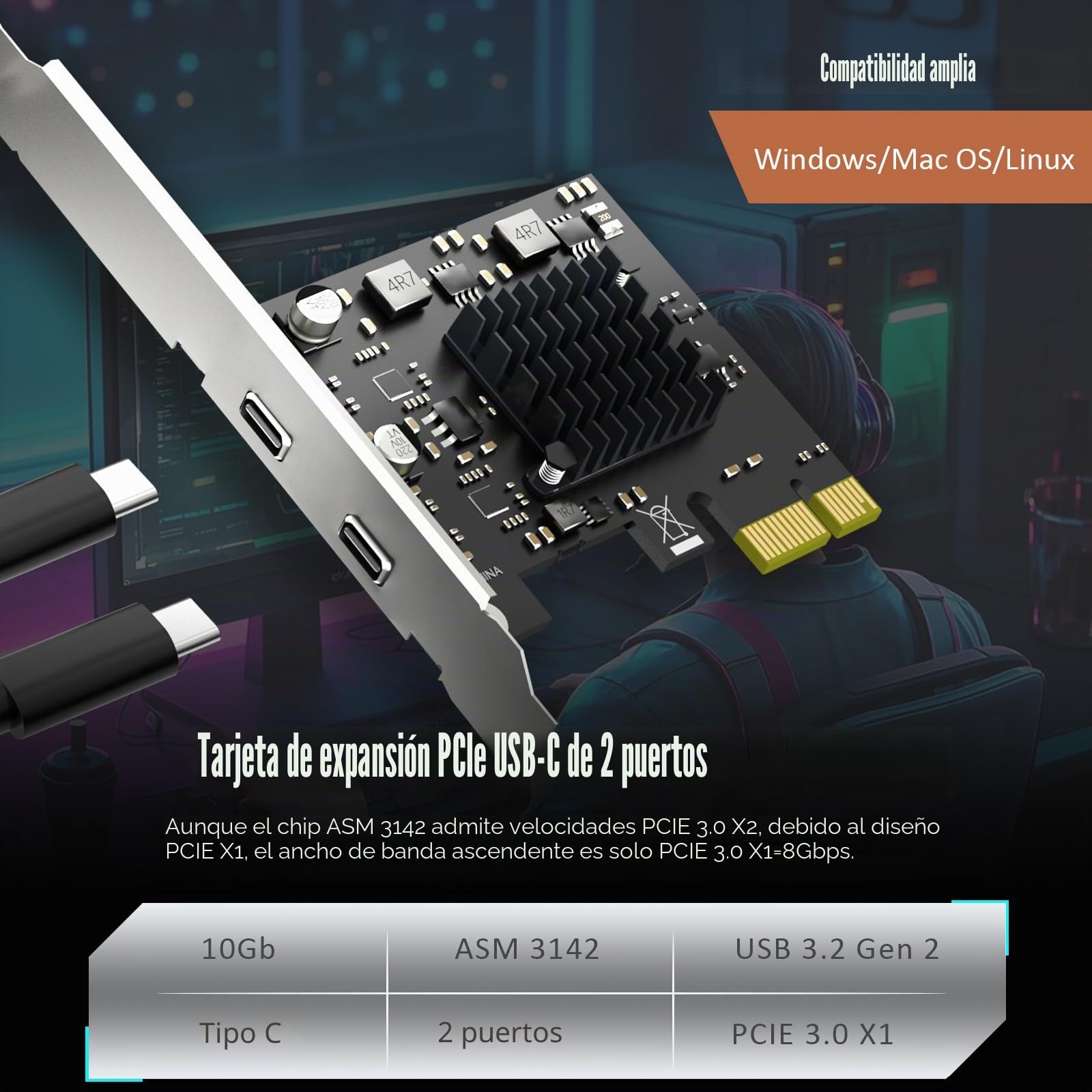 GLOTRENDS U3142CX1 Tarjeta de expansión PCIe USB C de 2 Puertos 10Gb (USB 3.2 Gen2), Interfaz PCIe X1