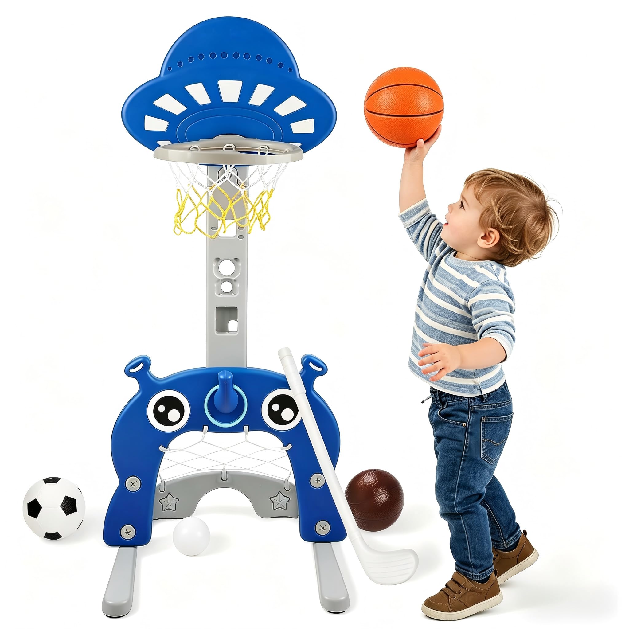 5 in 1 Kids Basketball Hoop Stand Set - Adjustable Height 45'' to 60'' Basketball Football Golf Ring Toss Game for Boys Girls, Indoor Outdoor Activity Center with Complete Accessories (Blue)