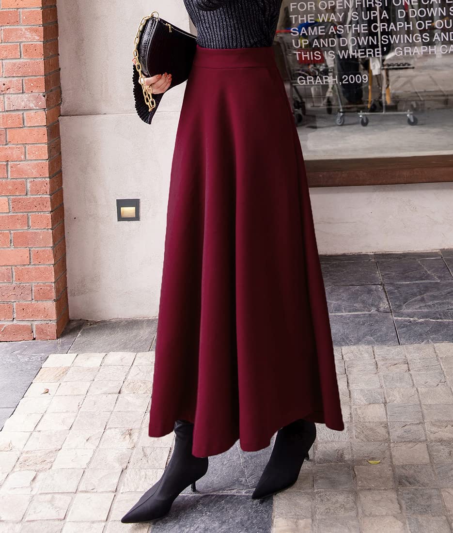 Damen Lange Rock Elegant Hohe Taille Winterrock Wollrock A-Linie Maxirock Faltenrock Retro Röcke 1955 Weinrot -XL