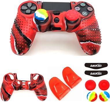Silicone Skin Cover for Ps4 Controller 1pc Anti-Slip Case, 1 Pair L2 R2 Trigger Extender, 4pcs Thumb Grips,4pcs LED Light Bar Decal Protector for DualShock PS4/ Slim/Pro Controller red granular