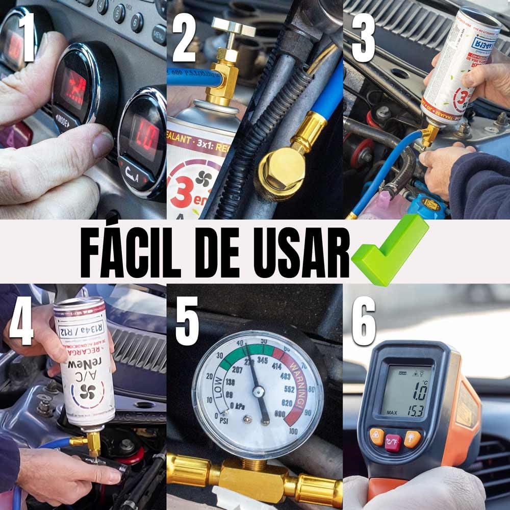 AC Kit Completo Recarga Aire Acondicionado Coche con Aceite Sellador Detector Tapa Fugas, Sustituto Gas Refrigerante R134a R12, Manómetro LP, Natural y Ecológico Recambio Compatible Coches 1992-2016