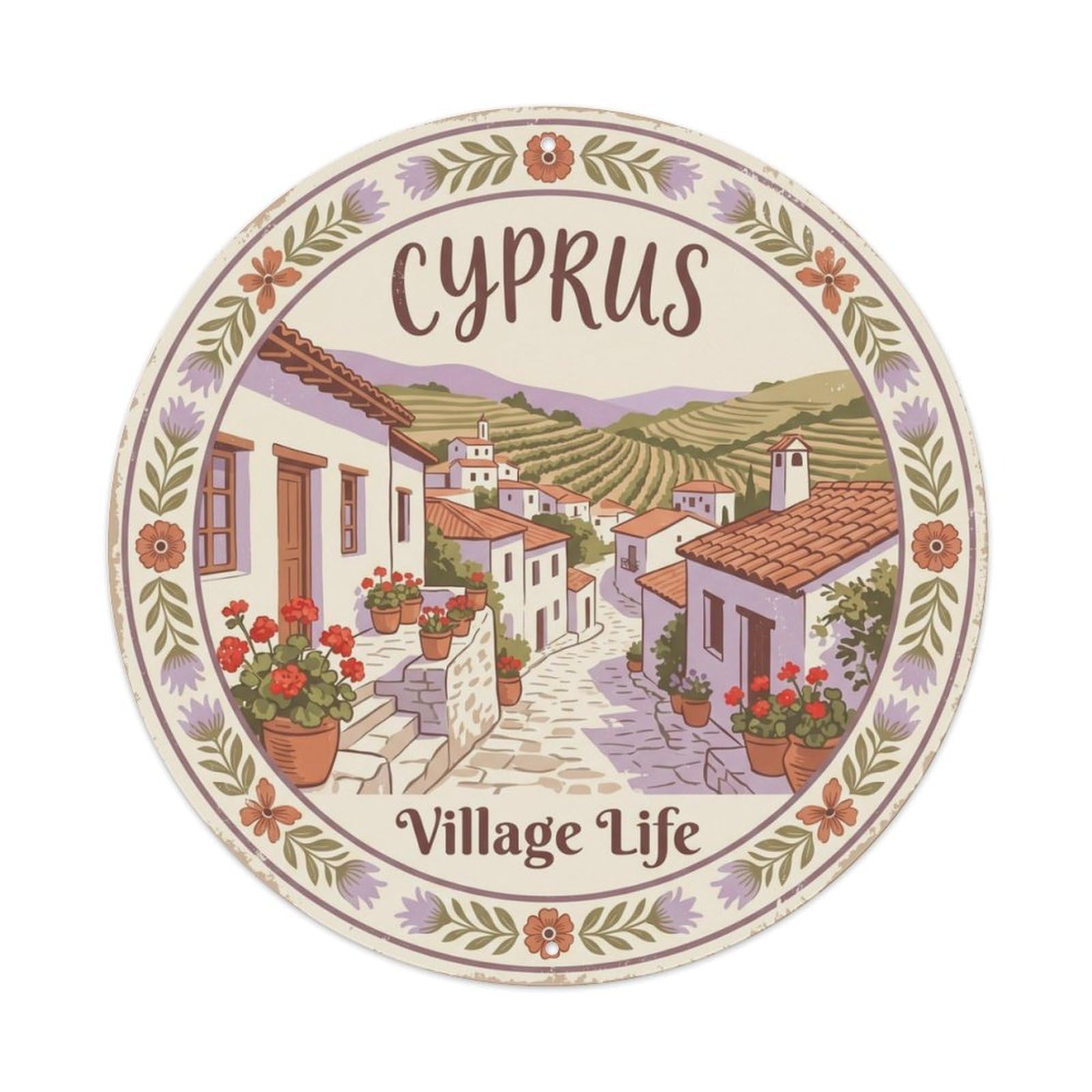 Vintage Travel Cyprus Village Traditional Metal Tin Sign Plaque Wall Decor for Cafe, Club, Garden Round Metal Poster 8x8Inch