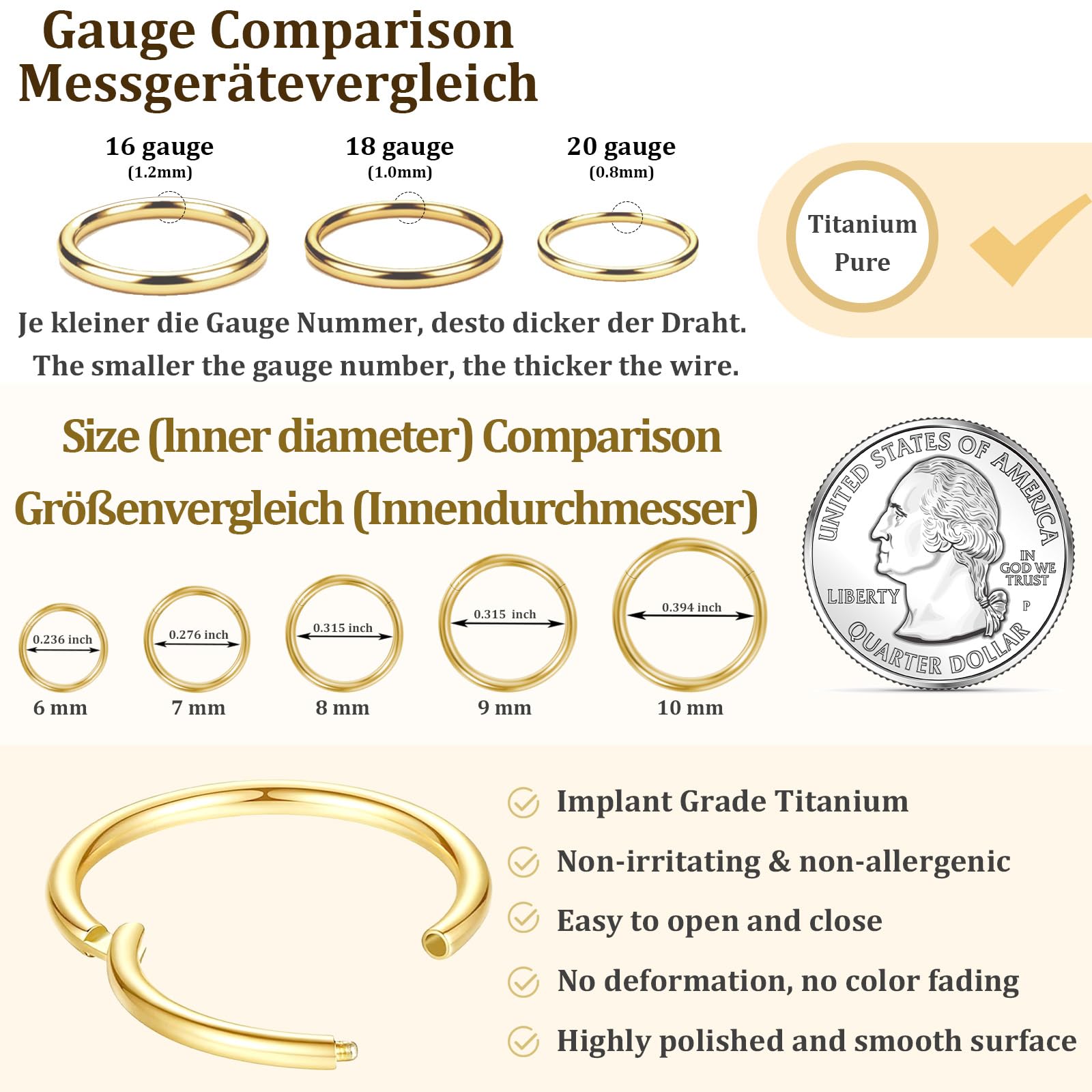 20G 18G 16G Titanium Nose Ring Hoop, Cartilage Hoop Earrings for Women Men Silver Gold Nose Ring Septum Ring Tragus Conch Helix Daith Lip Piercing Jewelry 6mm/7mm/8mm/9mm/10mm — view 5