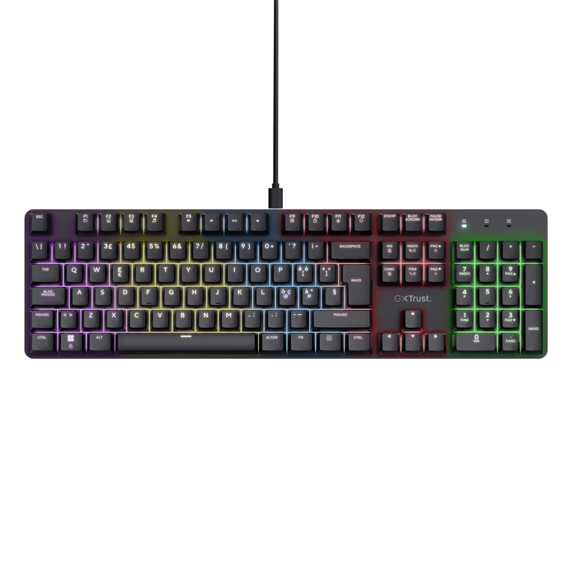Trust Gaming GXT 871 Zora Tastiera Meccanica 100% Layout Italiano QWERTY Retroilluminata RGB, Tasti Huano Lineari, Anti-Ghosting con N-Key Rollover, Tastiera Gaming con Filo USB, PC, Laptop, Nero