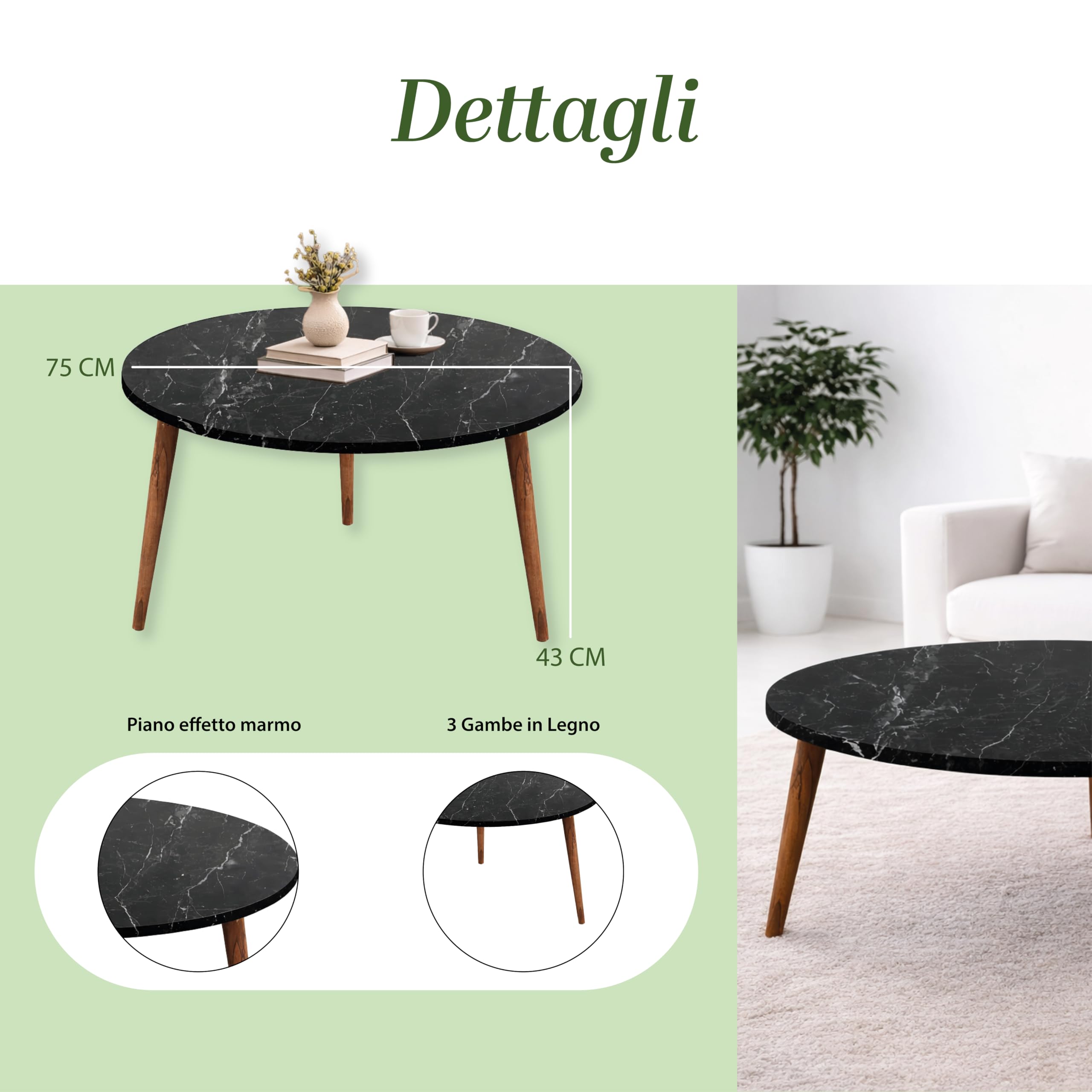 Tavolino Tondo da Caffè in Legno Basso - Moderno, Adatto per Soggiorno, Hall Albergo, Ufficio, Arredamento Casa, Sala da Tè, con 3 Gambe, Elegante - D.75x43h cm (Effetto Marmo Nero)