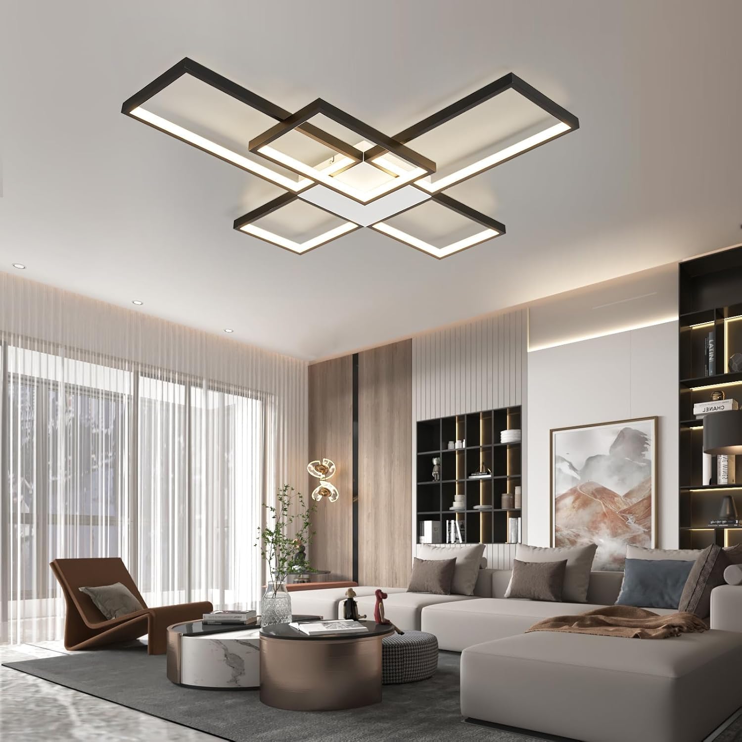Lampada Da Soffitto nera opaca Luminosità Dimmerabile 3000k-6000k Lampadario Per Soggiorno Sala da pranzo Dimmerabile Con Telecomando 72v 5040LM (Black-BLS-FH102-S)