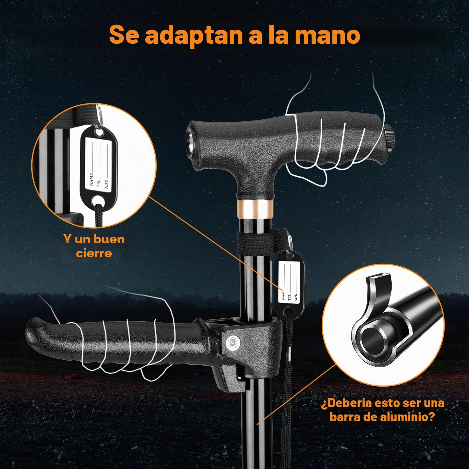 Bastón ajustable con doble asa, para hombres y mujeres mayores, con cuatro patas giratorias y base individual con tabla antiperdedores