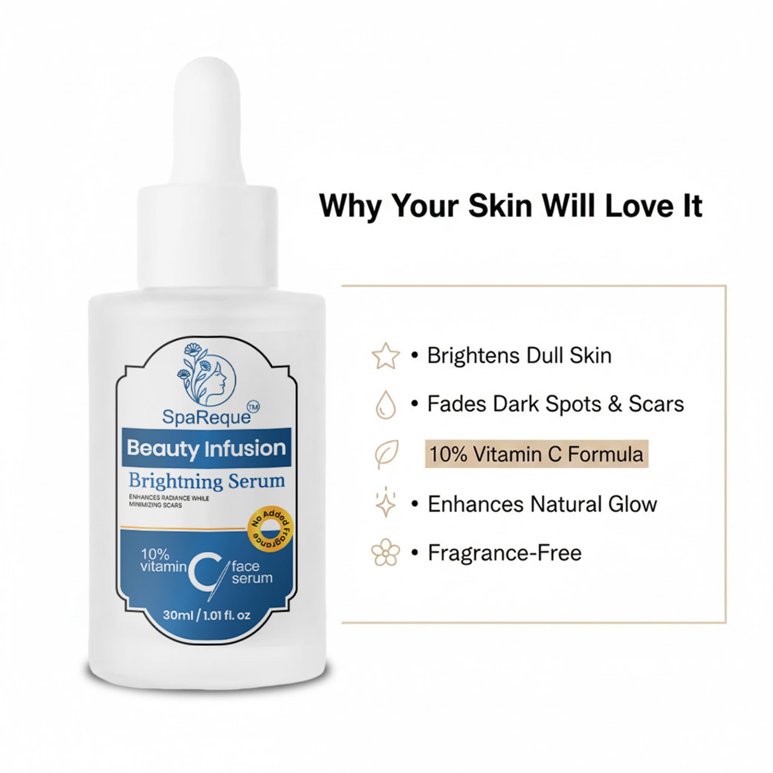 SPAREQUE 10% Vitamin C Face Serum for Skin Brightening & Anti-Dark Spots Suitable for Oily, Dry, Sensitive Skin For Men & Women 30ml 1
