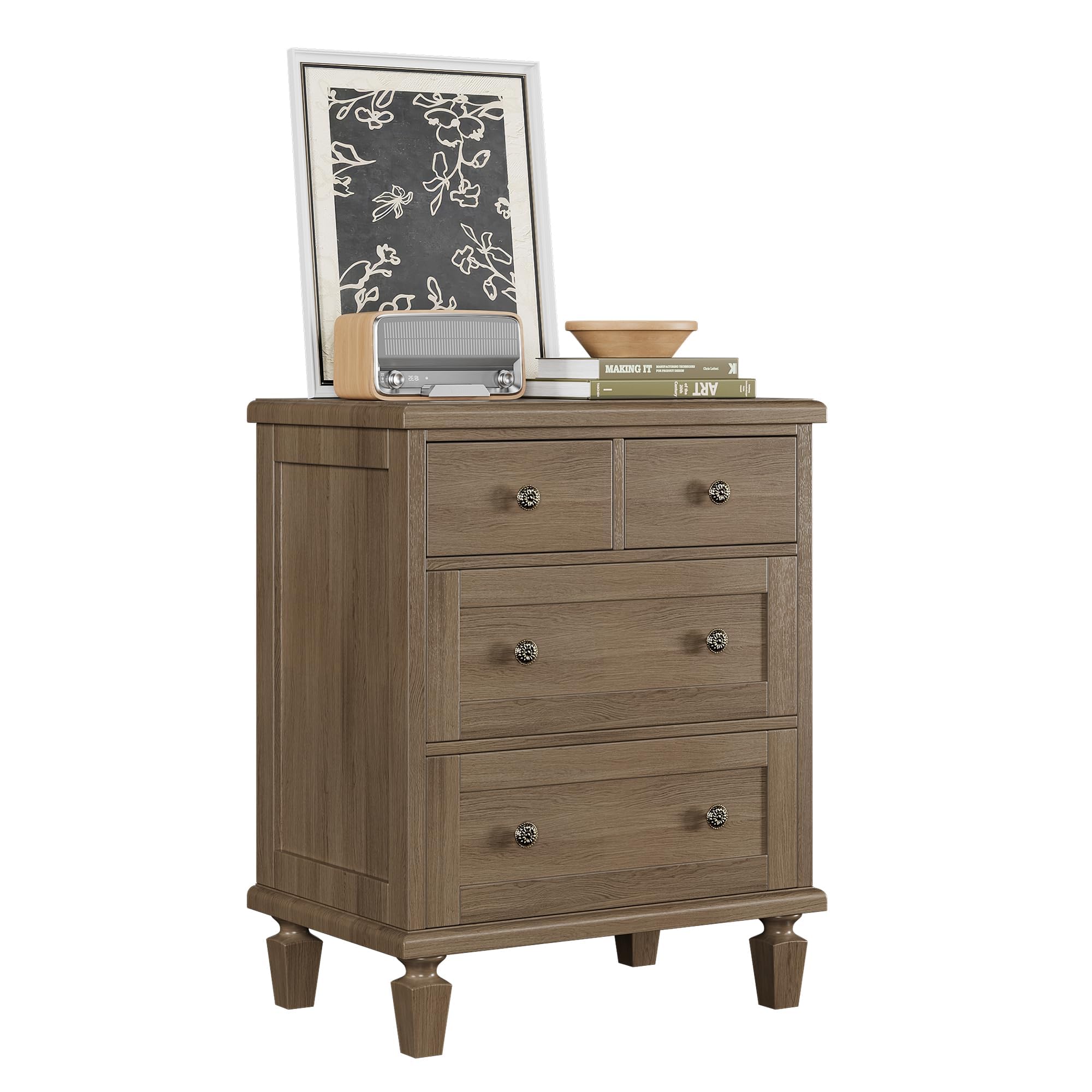 IDEALHOUSE Vintage Kommode mit 4 Schubladen, Holz-Schubladenschrank mit 2 kleinen & 2 großen Schubladen, Geschnitzte Griffe & konische Beine, Hellbraun