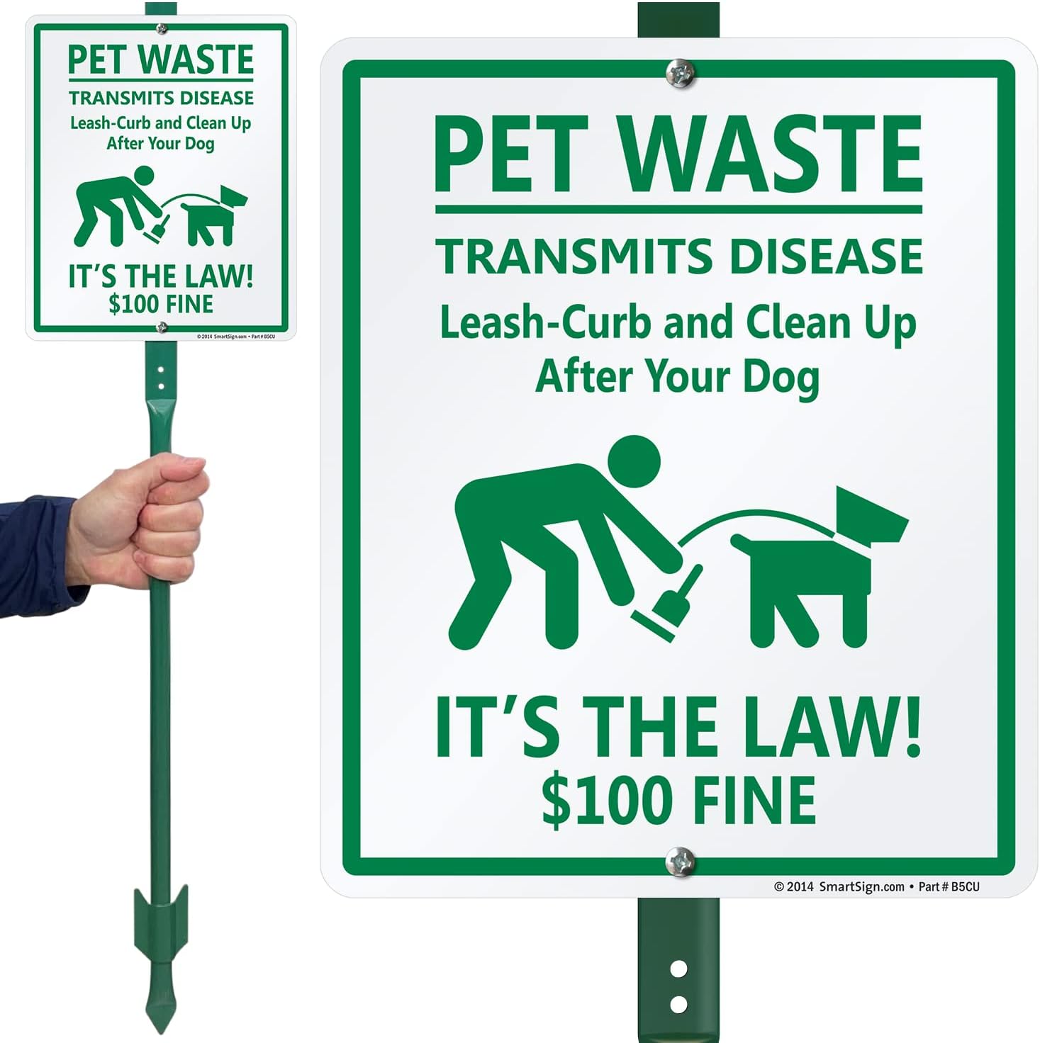SmartSign 12" x 10" 'Pet Waste Transmits Disease - Leash-Curb/Clean Up After Your Dog $100 Fine' Yard Sign with 3 foot Stake, 40 mil Laminated Aluminum, Green and White, Set of 1, USA-Made