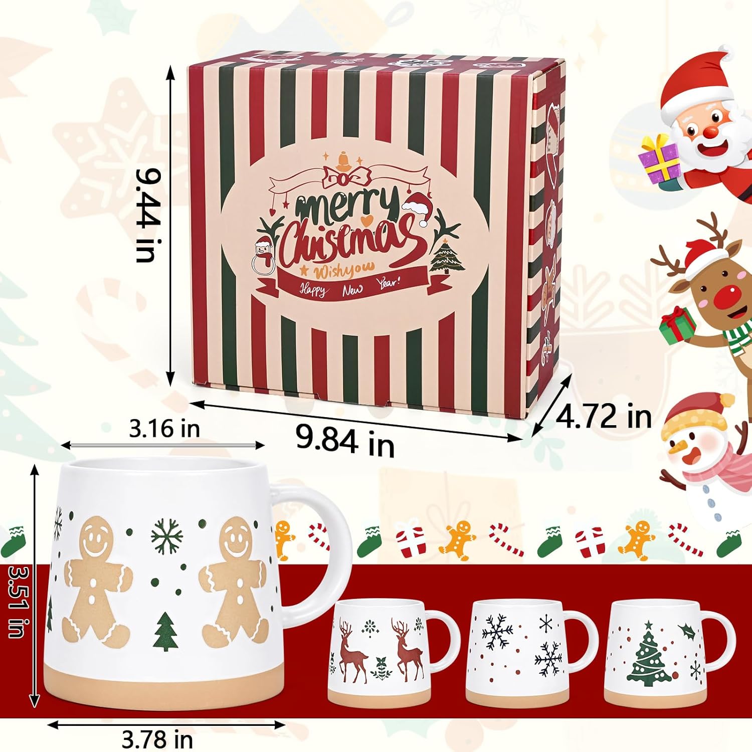 Maustic Christmas Mugs Set of 4, Holiday Coffee Mugs with Festive Christmas Themed Design, Hot Chocolate Hot Cocoa Cups, Family Gifts, 14 Oz