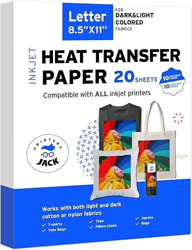 Printers Jack Papel de transferencia de calor termoadhesivo para tela oscura, paquete de 10 unidades de papel de transferencia de camiseta de 8.5 x