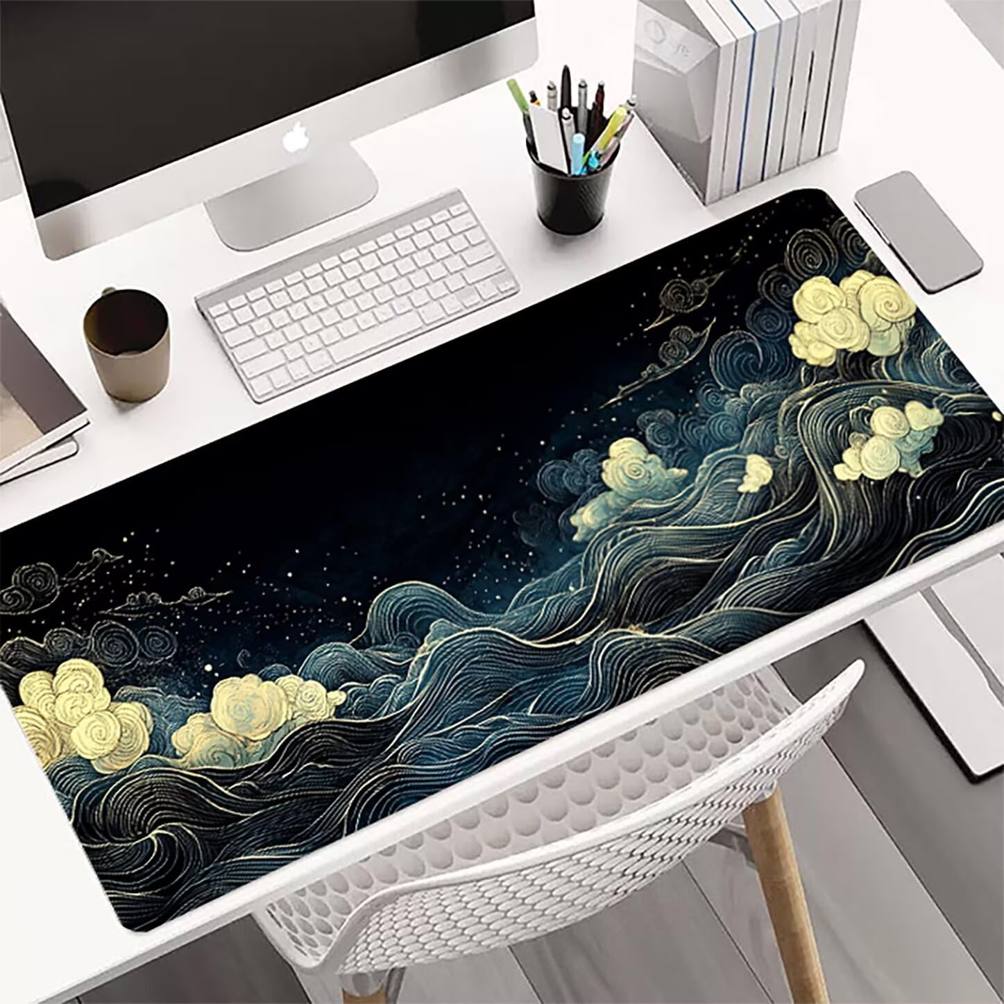 Lpfieonn Wellen Schreibtischunterlage XXL, Schwarz Schreibtischunterlagen Großes, Gaming Mousepad XXL mit ernähter Rand und Rutschfeste Gummibasis, Desk Mat für PC/Laptop/Mausa 120x60cm PF-2232