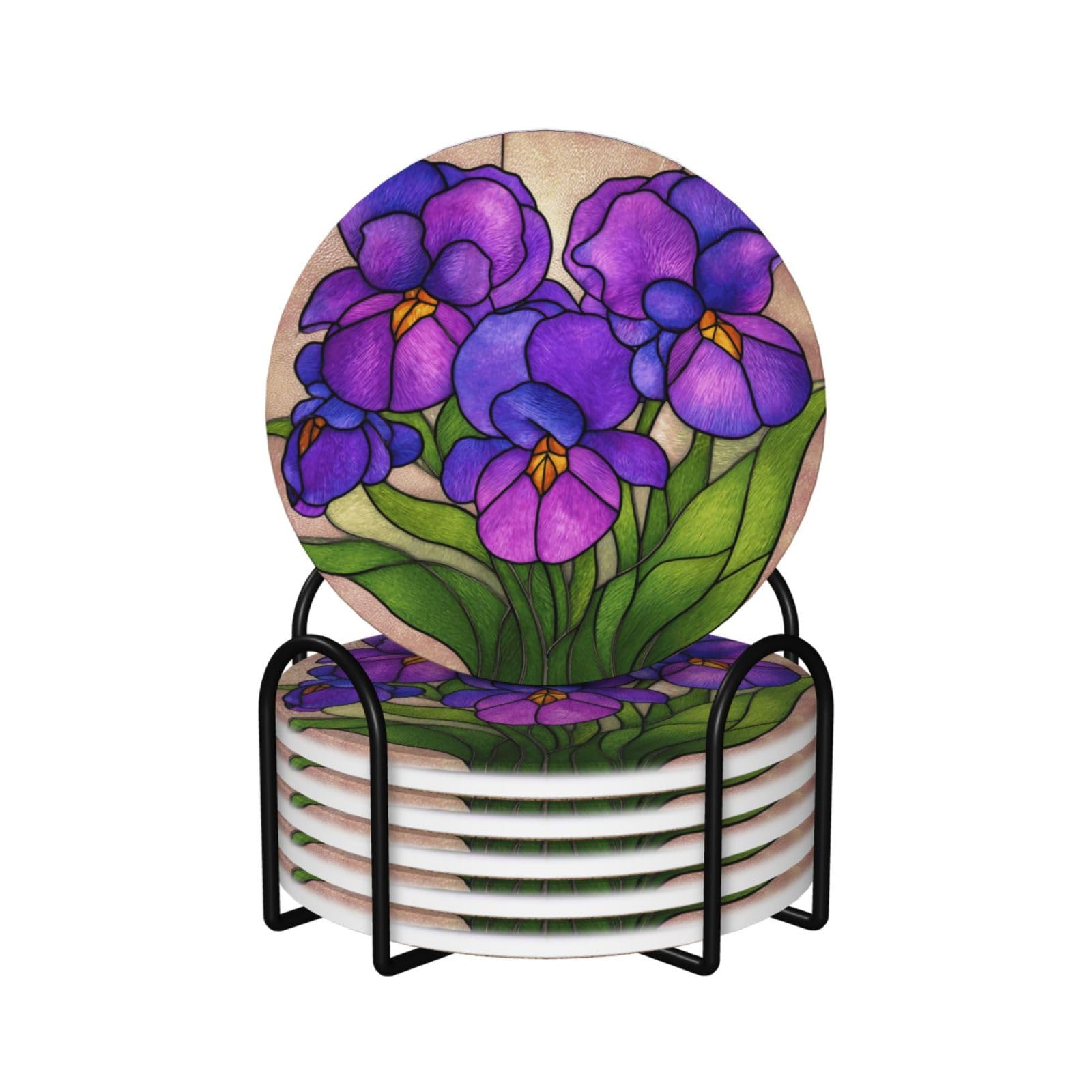 Purple Violet Flowers Ceramic Coasters with Holder 6ps