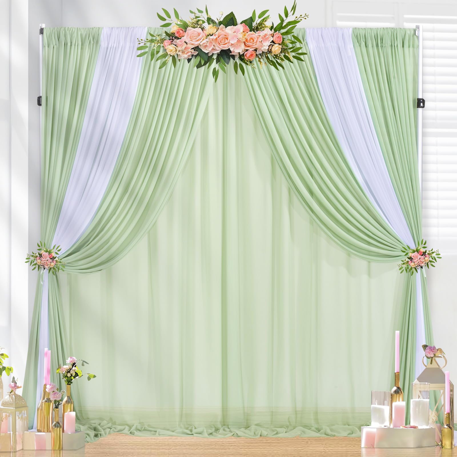 Sage Green Backdrop Curtains for Party: 30ft x 10ft Chiffon Photo Drapes for Wedding Birthday Baby Decorations 6 Panels 5ft x 10ft