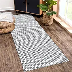 Tapete Passadeira Antiderrapante, Branco, 65cm x 2m, Textura Zig Zag (Cinza)