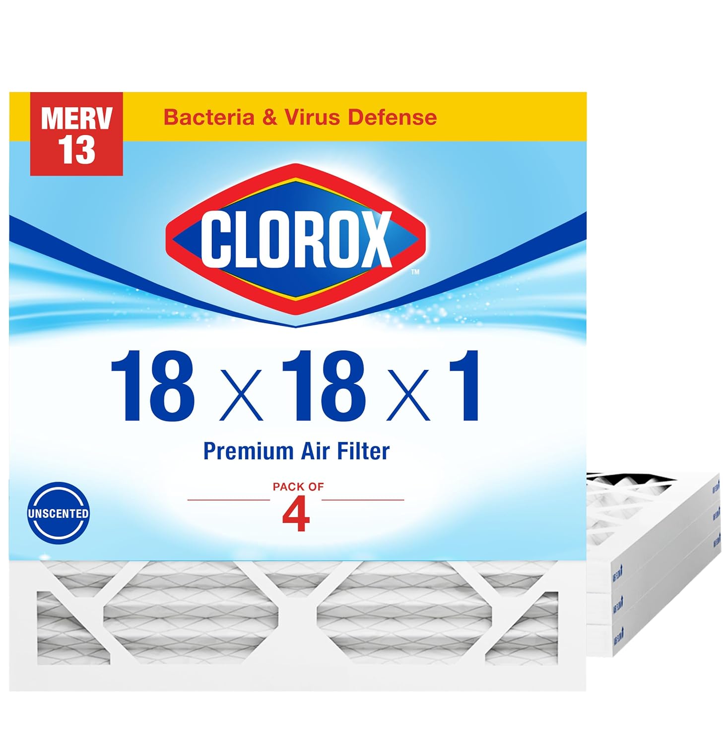 Clorox 18x18x1 Air Filter, MERV 13 Pleated HVAC AC Furnace Air Filters for Allergies, Pet Dander, Smoke and more, MPR 1500 & FPR 10 – Pack of 4