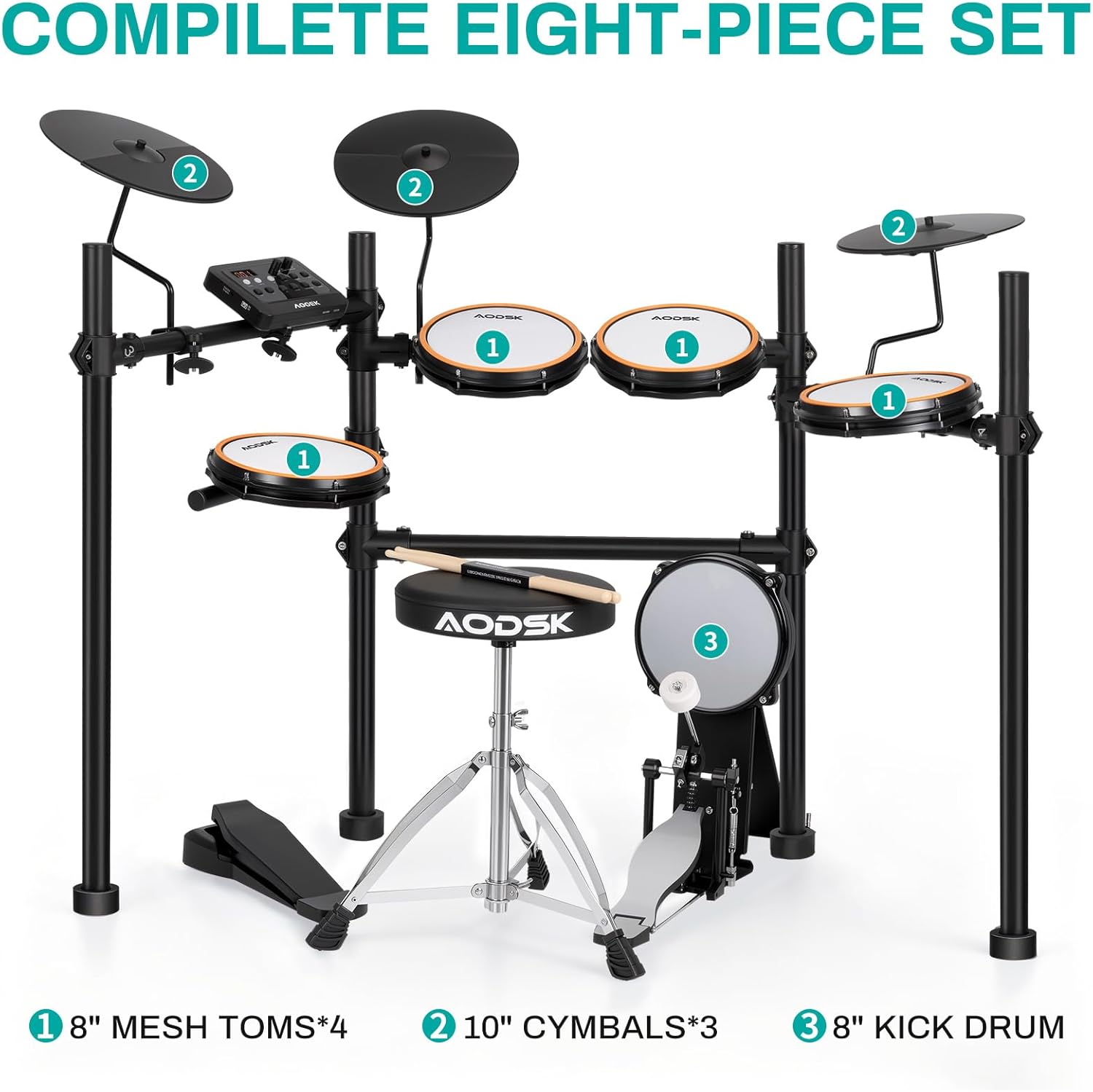 AODSK Electric Drum Set with Quiet Mesh Pads,Electronic Drum for Beginner,USB MIDI,Throne,Headphones,Sticks, Included 40 Kits and 450 Sounds