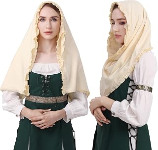 Medieval Headscarf for Women Renaissance Bandanas Mantilla Veil Ruffled Lace Trim Chapel Head Covering Scarf Kerchief