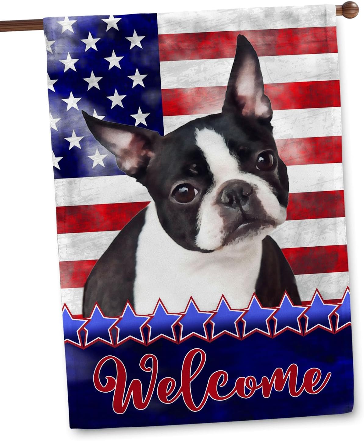 Flagology, Stars and Stripes Boston Terrier – House Flag 28" x 40", Outdoor Flag, Exclusive Premium Fabric, Patriotic, July 4th, Dog, Boston Terrier