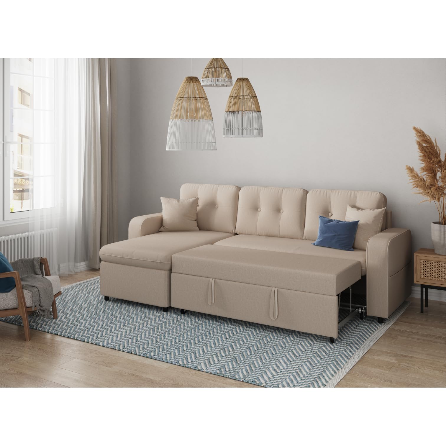 LOUNGITUDE Marius - Canapé d'angle Convertible réversible en Tissu - Beige